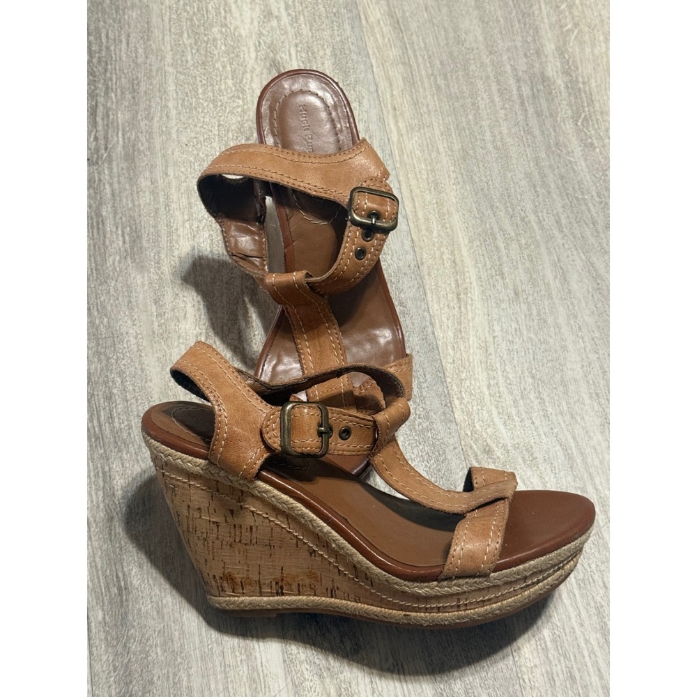 Hush Puppies Renown‎ Tan Leather T-Strap Cork Wedge Sandals Womens 7M H505851